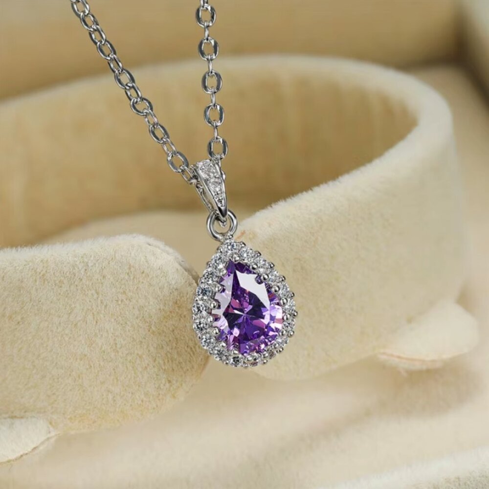 NEW 14k White Gold Amethyst Diamond Necklace Tear Drop Pear Cut Pendant